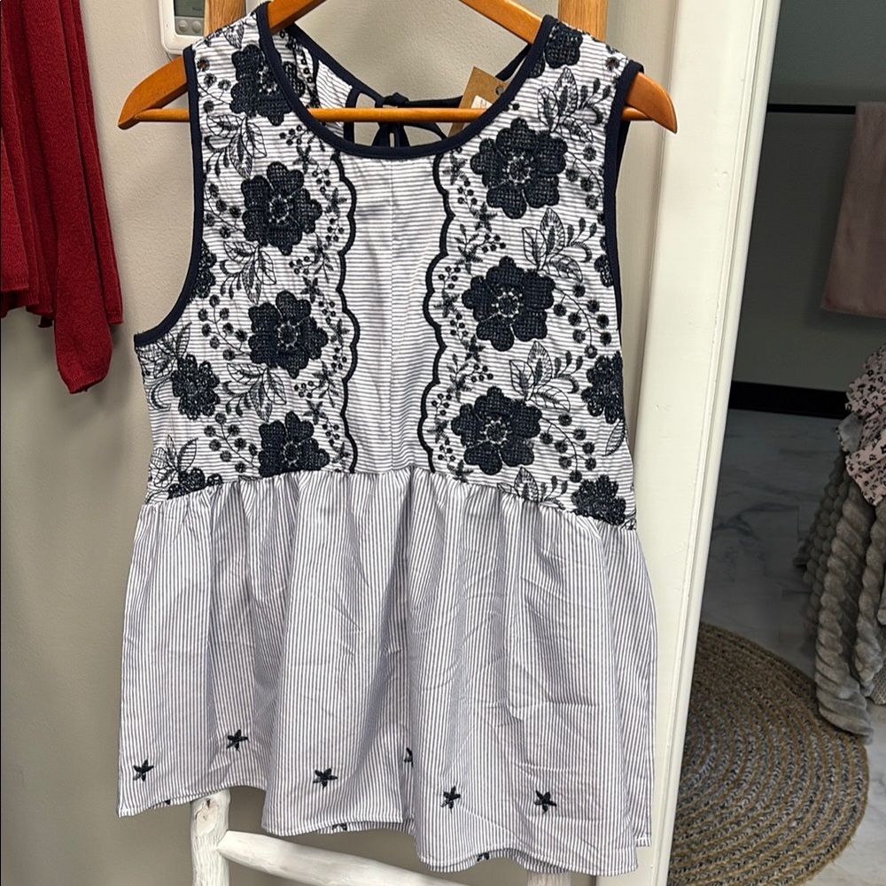 Navy Floral Embroidered Sleeveless Blouse
